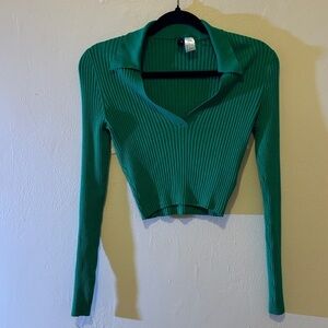 Divided Green Ribbed V-Neck Top